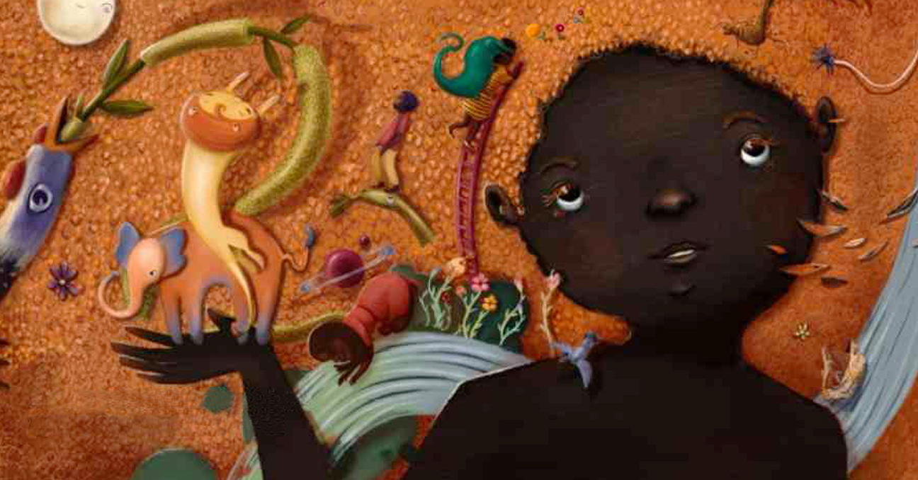 Ilustración de una niña afro rodeada de animales y plantas. 